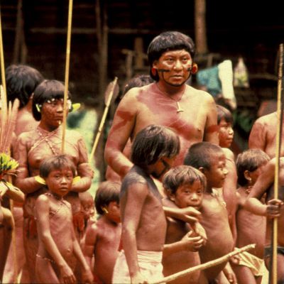 Davi Yanomami with Yanomami children, Brazil